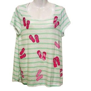 Crown & Ivy White and Green Striped Pink Flip Flop T Shirt Short Sleeve Size Med